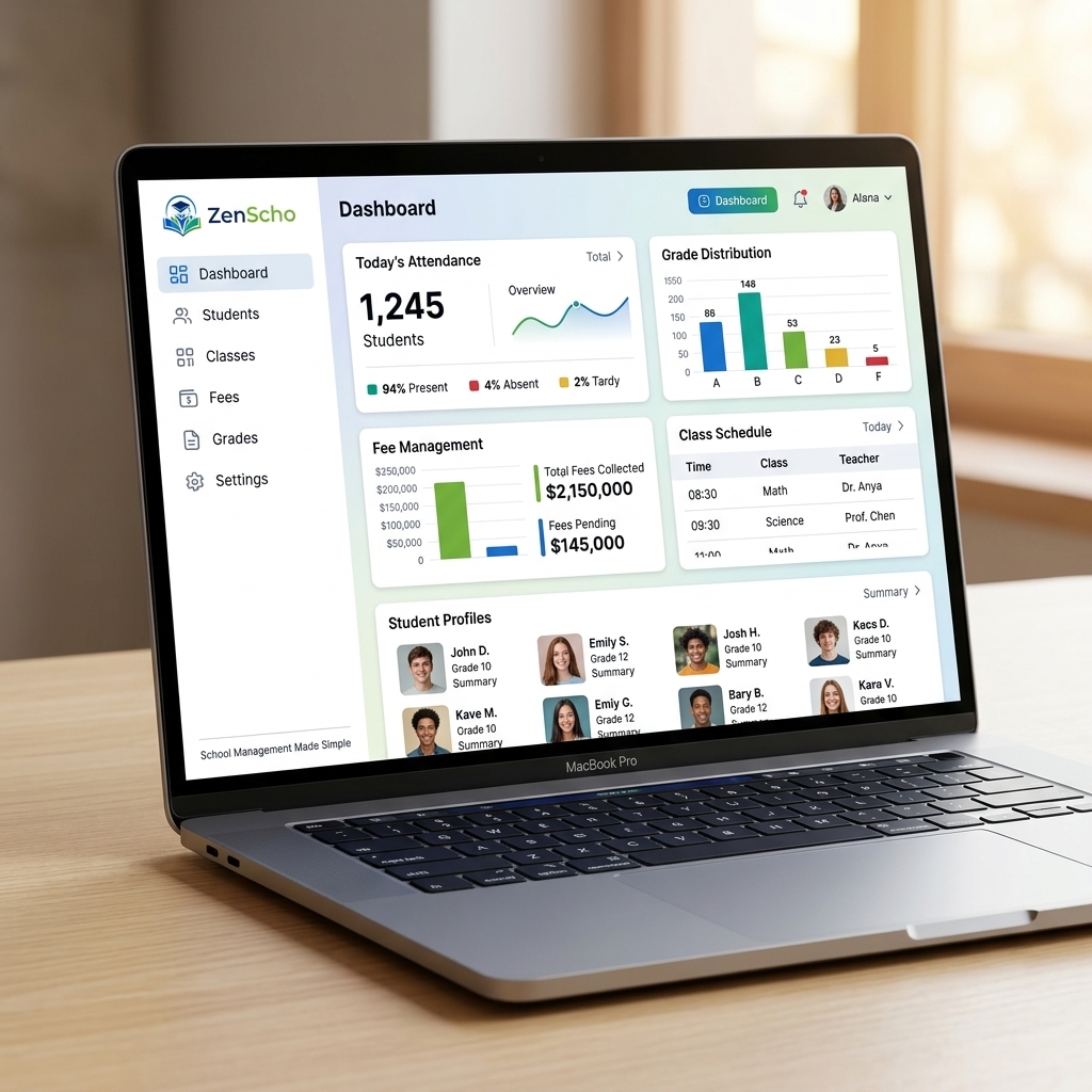 ZenScho school management dashboard with student data
